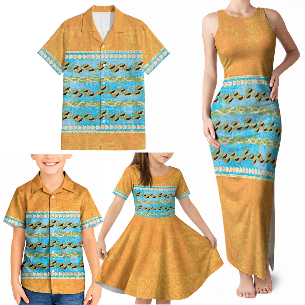 Hawaii Humuhumu Fish Maile Pikake Lei Family Matching Tank Maxi Dress and Hawaiian Shirt Tribal Tapa Orange Version