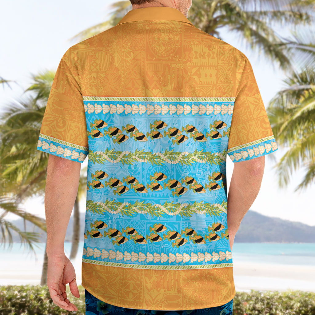 Hawaii Humuhumu Fish Maile Pikake Lei Hawaiian Shirt Tribal Tapa Orange Version