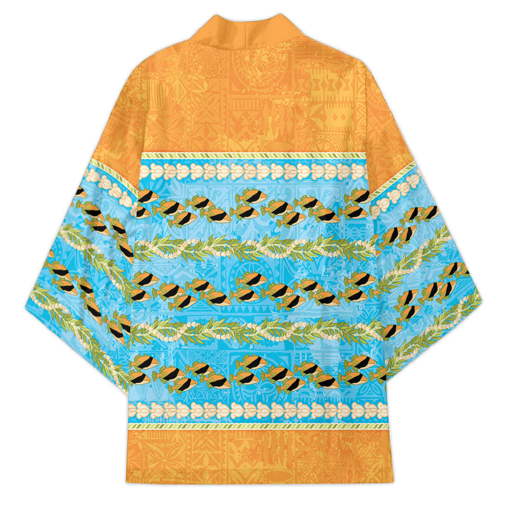 Hawaii Humuhumu Fish Maile Pikake Lei Kimono Tribal Tapa Orange Version