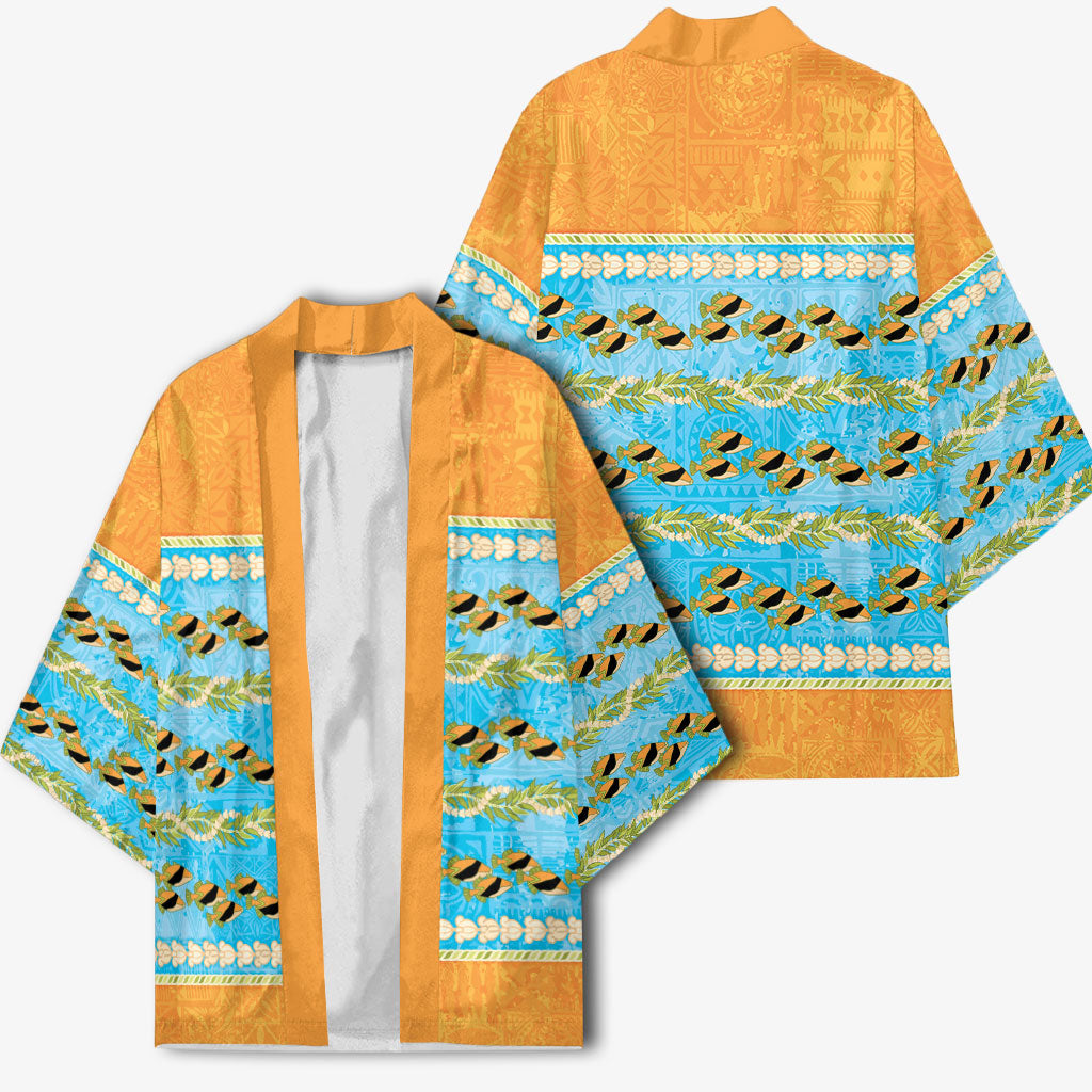 Hawaii Humuhumu Fish Maile Pikake Lei Kimono Tribal Tapa Orange Version