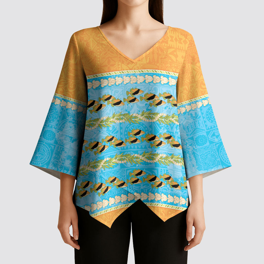 Hawaii Humuhumu Fish Maile Pikake Lei Kimono Sleeve Blouse Tribal Tapa Orange Version