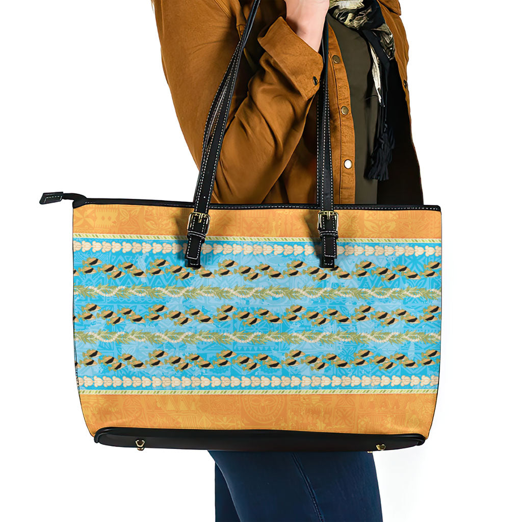 Hawaii Humuhumu Fish Maile Pikake Lei Leather Tote Bag Tribal Tapa Orange Version