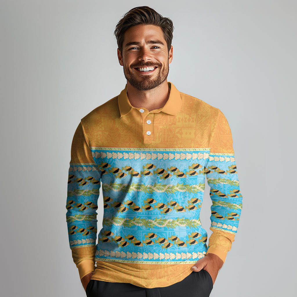 Hawaii Humuhumu Fish Maile Pikake Lei Long Sleeve Polo Shirt Tribal Tapa Orange Version