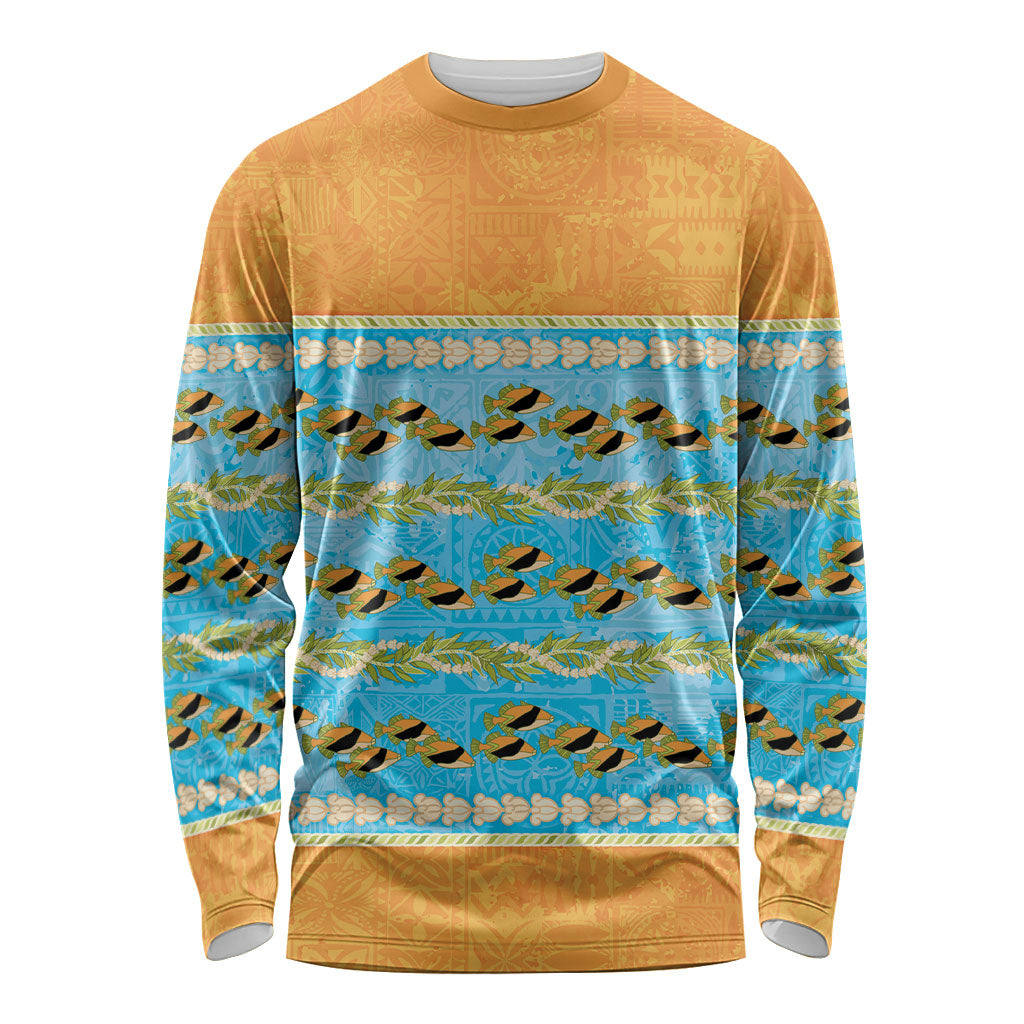Hawaii Humuhumu Fish Maile Pikake Lei Long Sleeve Shirt Tribal Tapa Orange Version LT05 Unisex Orange - Polynesian Pride