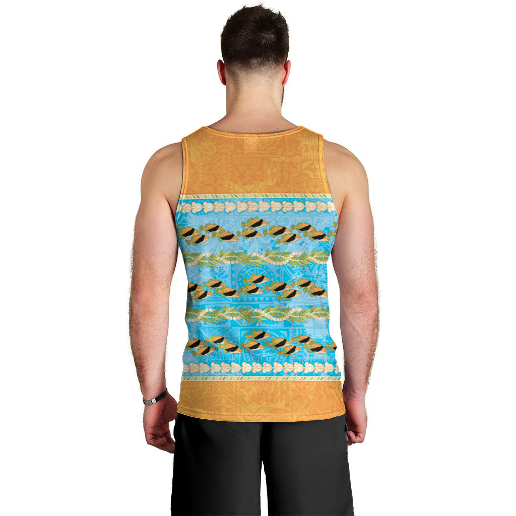 Hawaii Humuhumu Fish Maile Pikake Lei Men Tank Top Tribal Tapa Orange Version