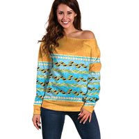 Hawaii Humuhumu Fish Maile Pikake Lei Off Shoulder Sweater Tribal Tapa Orange Version