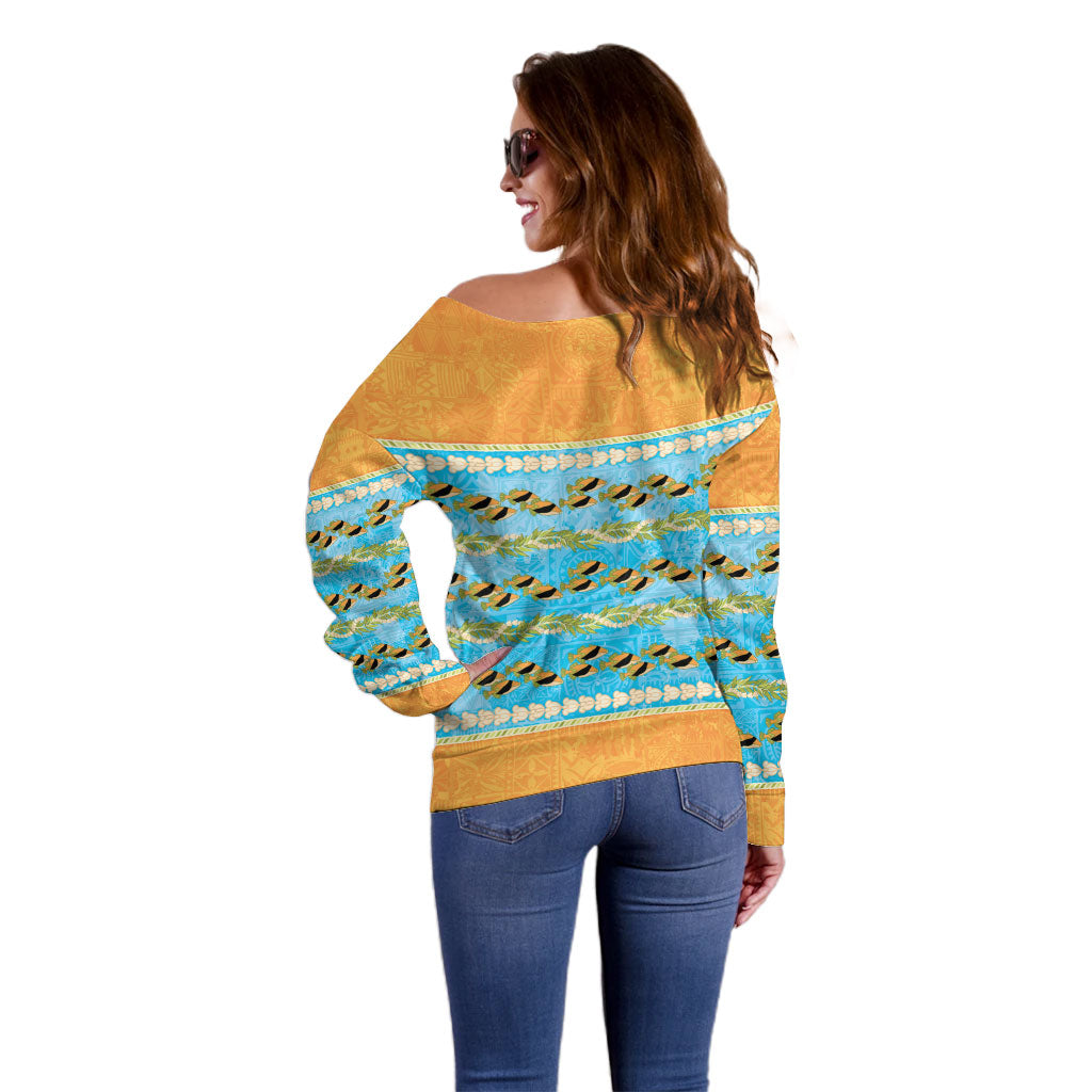 Hawaii Humuhumu Fish Maile Pikake Lei Off Shoulder Sweater Tribal Tapa Orange Version