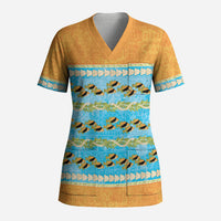 Hawaii Humuhumu Fish Maile Pikake Lei Scrub Top Tribal Tapa Orange Version