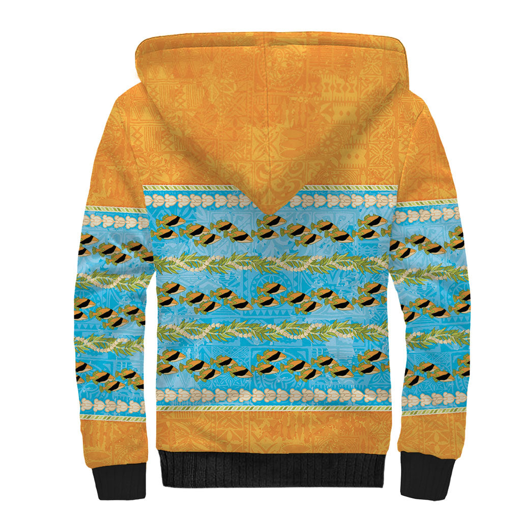 Hawaii Humuhumu Fish Maile Pikake Lei Sherpa Hoodie Tribal Tapa Orange Version