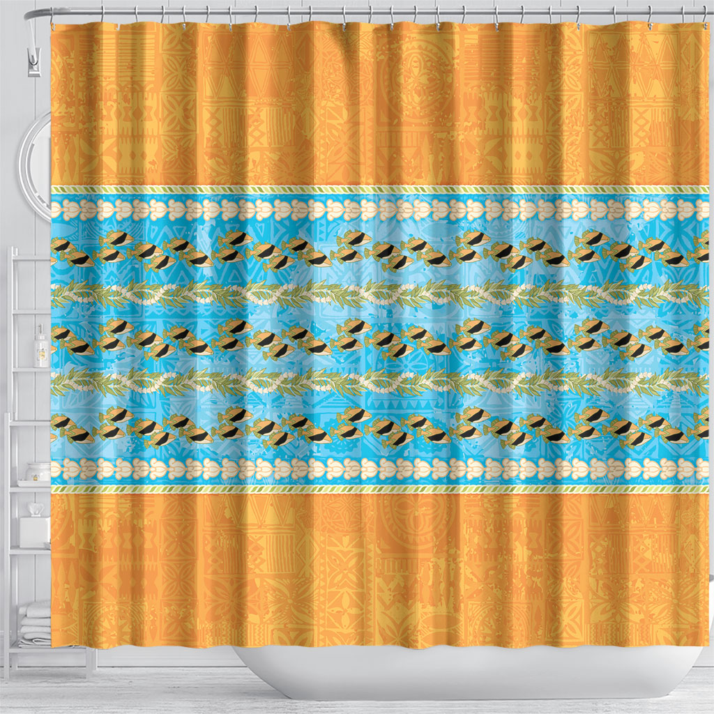 Hawaii Humuhumu Fish Maile Pikake Lei Shower Curtain Tribal Tapa Orange Version