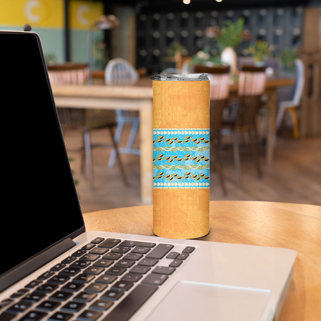 Hawaii Humuhumu Fish Maile Pikake Lei Skinny Tumbler Tribal Tapa Orange Version