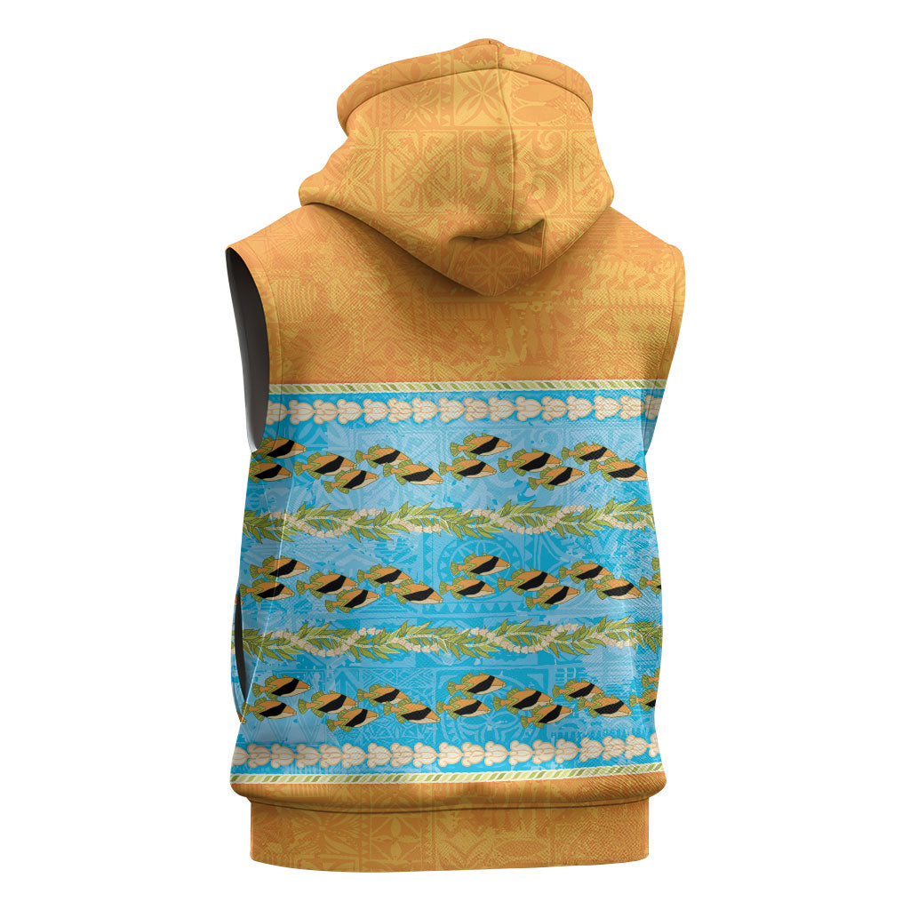 Hawaii Humuhumu Fish Maile Pikake Lei Sleeveless Zip Hoodie Tribal Tapa Orange Version