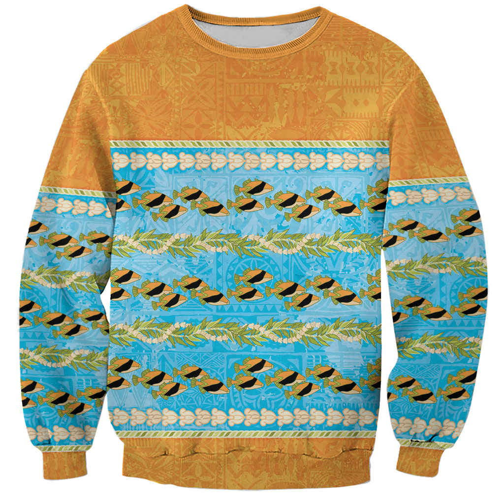 Hawaii Humuhumu Fish Maile Pikake Lei Sweatshirt Tribal Tapa Orange Version