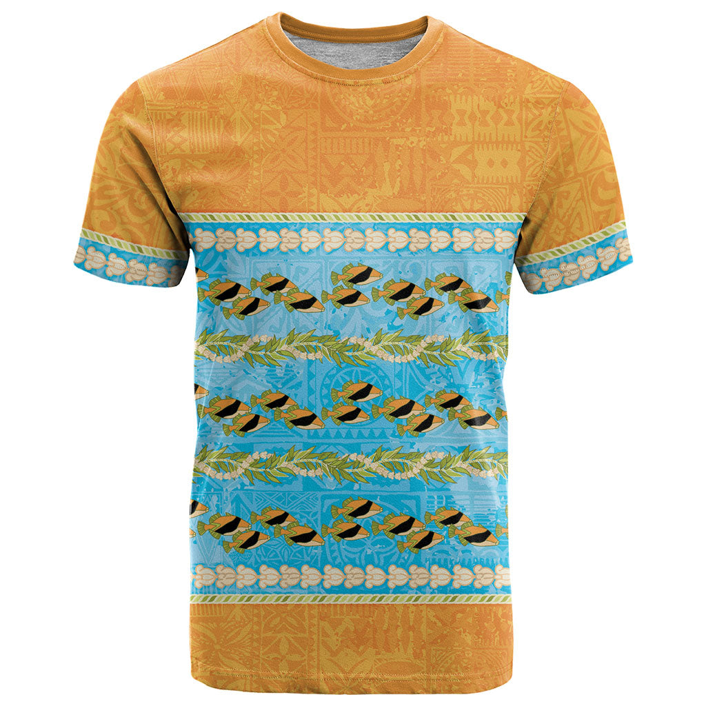 Hawaii Humuhumu Fish Maile Pikake Lei T Shirt Tribal Tapa Orange Version