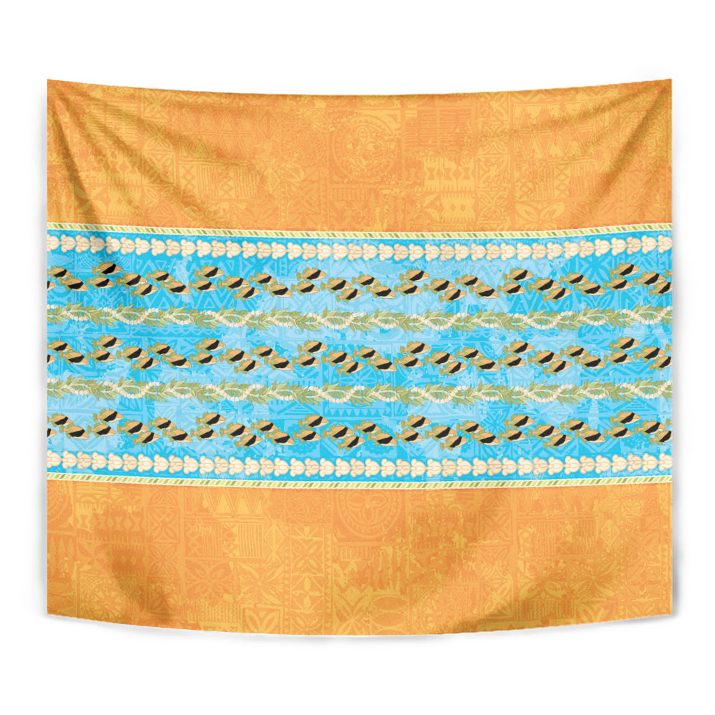 Hawaii Humuhumu Fish Maile Pikake Lei Tapestry Tribal Tapa Orange Version