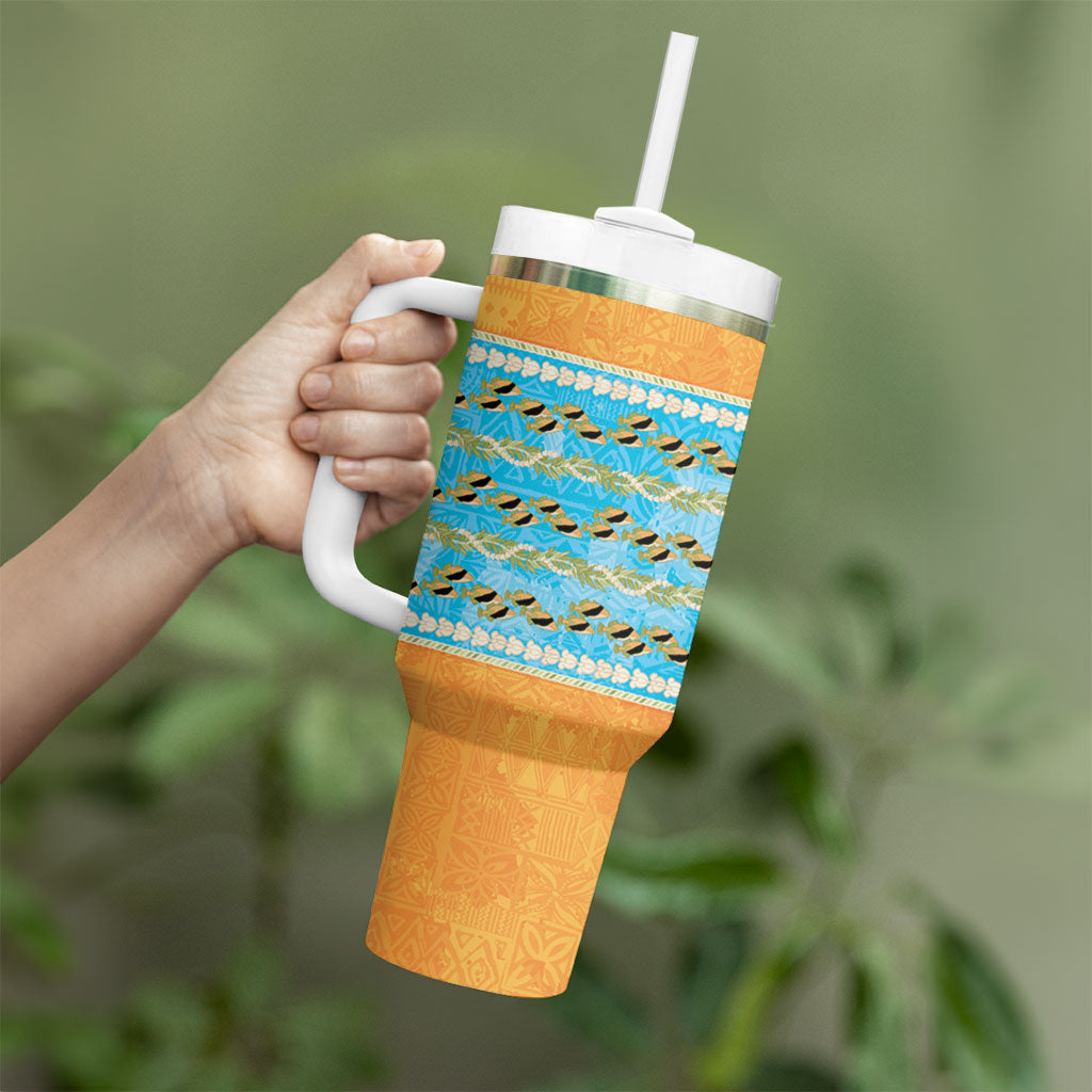 Hawaii Humuhumu Fish Maile Pikake Lei Tumbler With Handle Tribal Tapa Orange Version