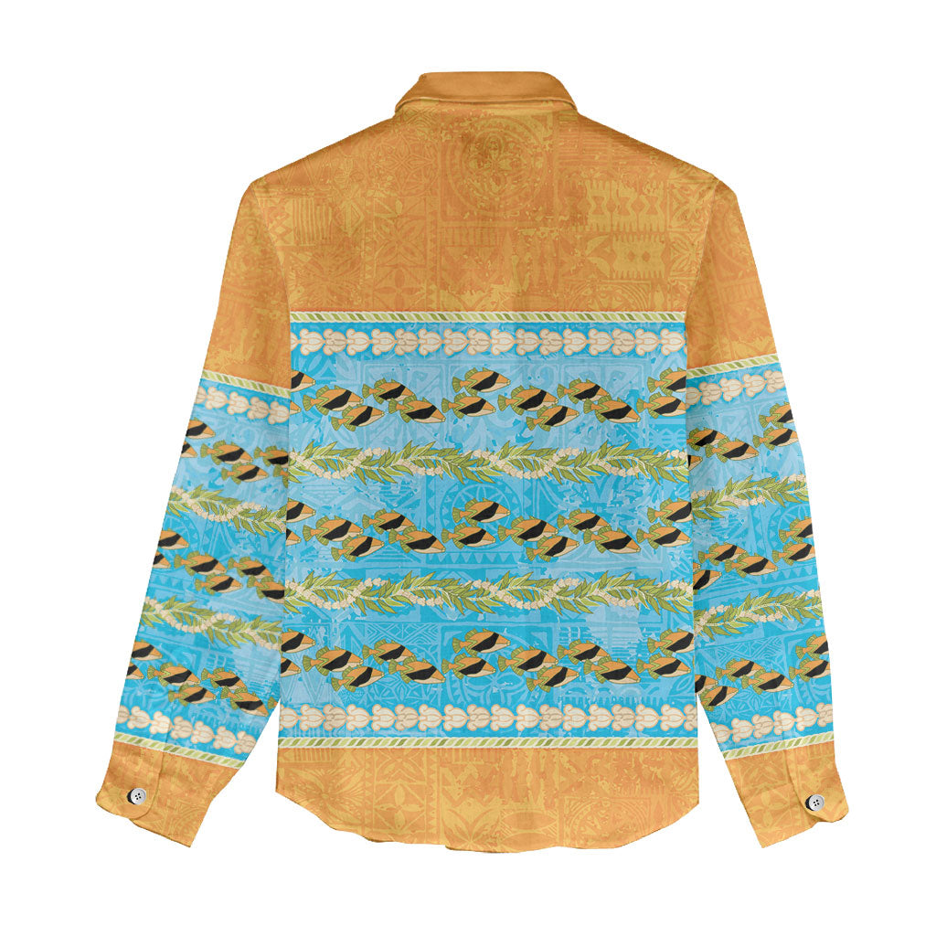 Hawaii Humuhumu Fish Maile Pikake Lei Women Casual Shirt Tribal Tapa Orange Version