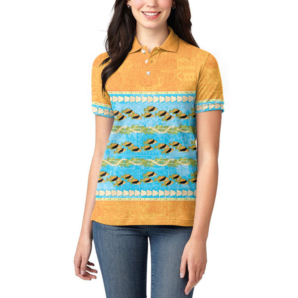 Hawaii Humuhumu Fish Maile Pikake Lei Women Polo Shirt Tribal Tapa Orange Version