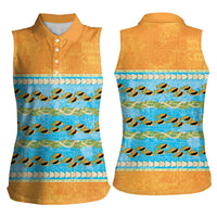 Hawaii Humuhumu Fish Maile Pikake Lei Women Sleeveless Polo Shirt Tribal Tapa Orange Version