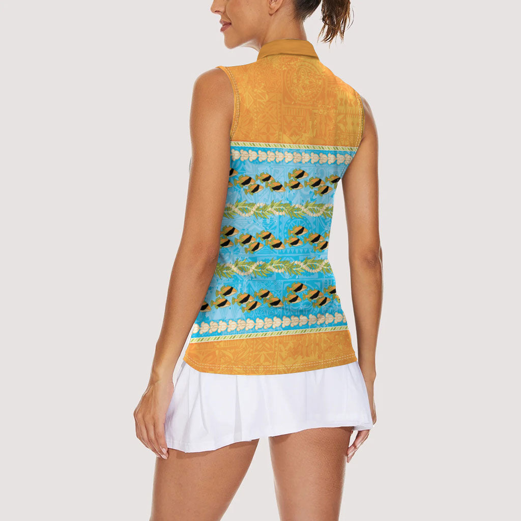 Hawaii Humuhumu Fish Maile Pikake Lei Women Sleeveless Polo Shirt Tribal Tapa Orange Version