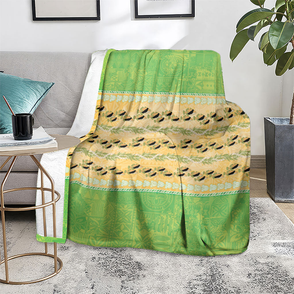Hawaii Humuhumu Fish Maile Pikake Lei Blanket Tribal Tapa Green Version