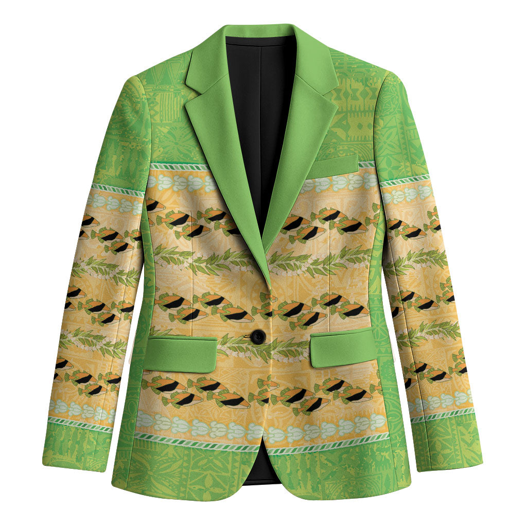 Hawaii Humuhumu Fish Maile Pikake Lei Blazer Tribal Tapa Green Version