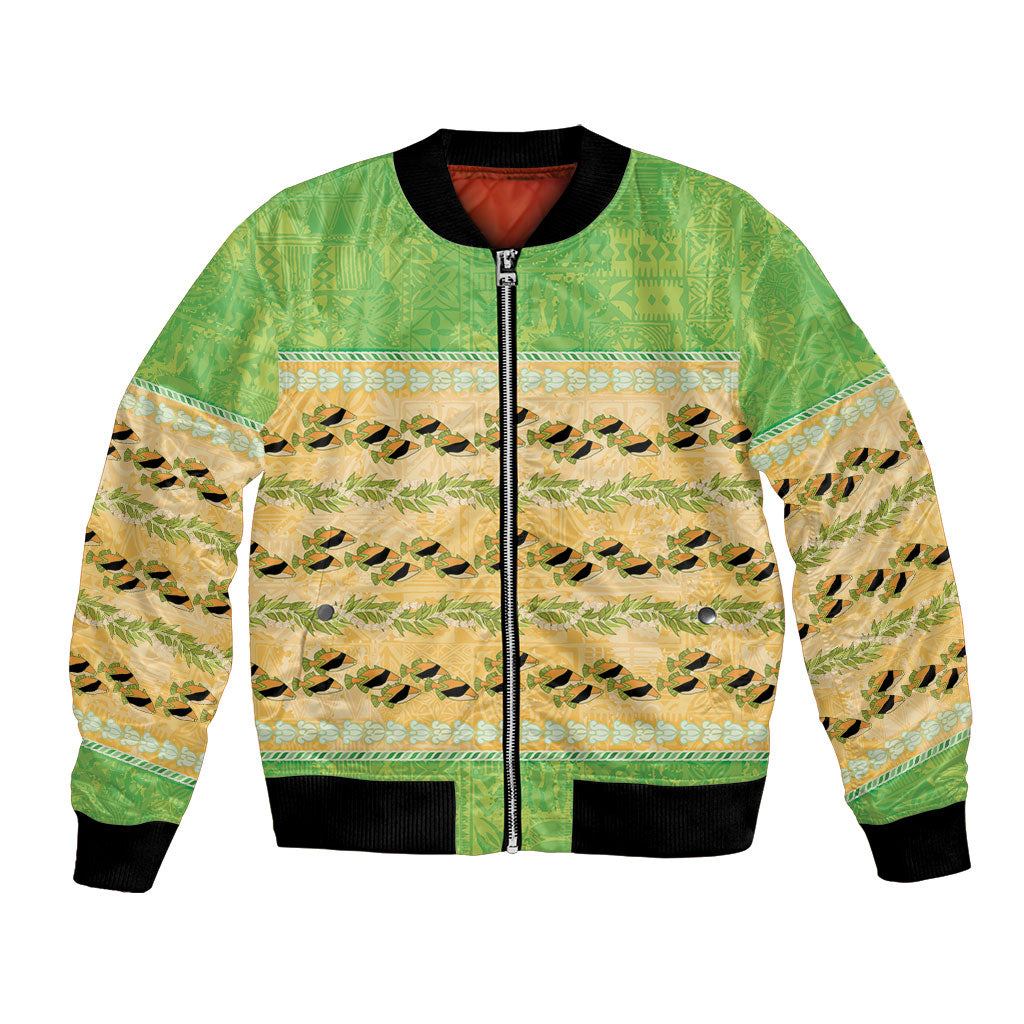 Hawaii Humuhumu Fish Maile Pikake Lei Bomber Jacket Tribal Tapa Green Version
