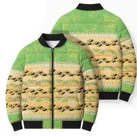 Hawaii Humuhumu Fish Maile Pikake Lei Bomber Puffer Jacket Tribal Tapa Green Version