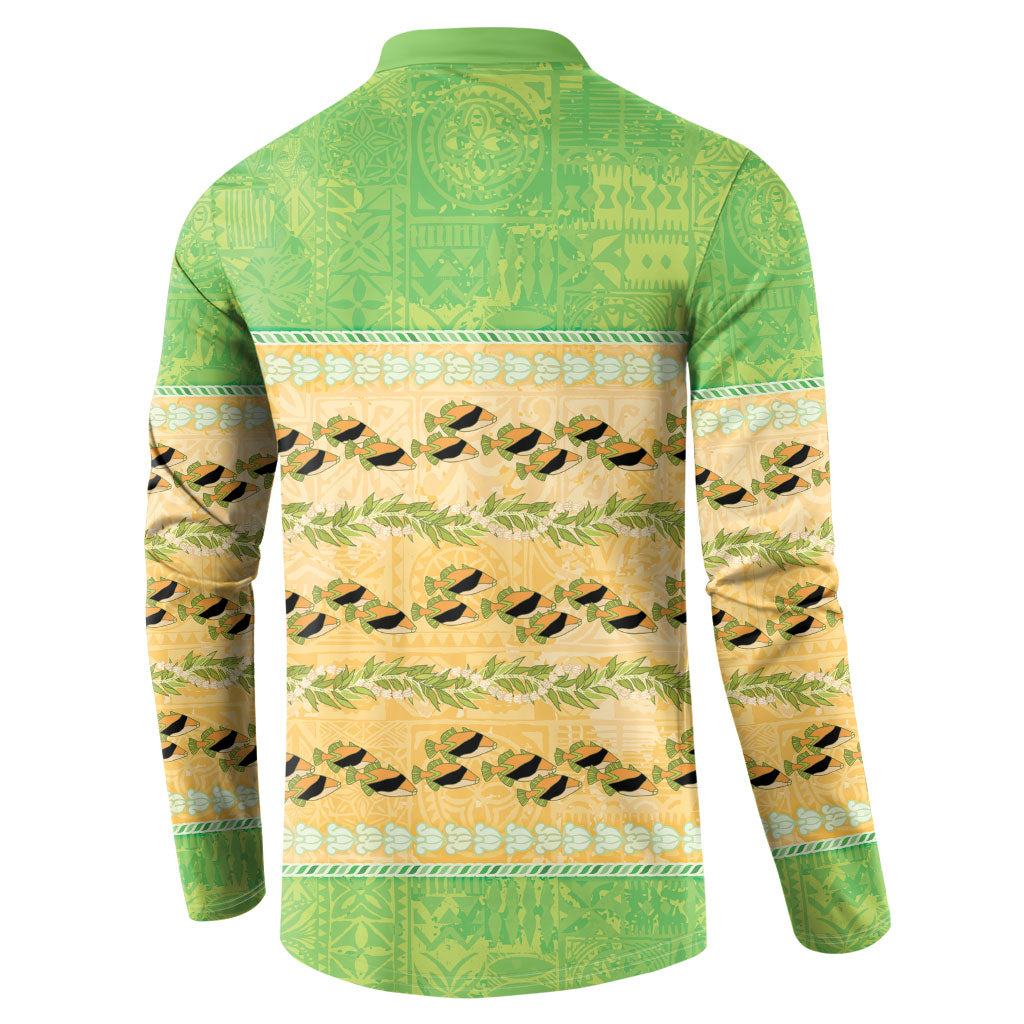 Hawaii Humuhumu Fish Maile Pikake Lei Button Sweatshirt Tribal Tapa Green Version