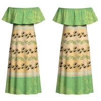Hawaii Humuhumu Fish Maile Pikake Lei Couples Matching Off Shoulder Maxi Dress and Hawaiian Shirt Tribal Tapa Green Version