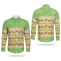 Hawaii Humuhumu Fish Maile Pikake Lei Couples Matching Off Shoulder Maxi Dress and Long Sleeve Button Shirt Tribal Tapa Green Version