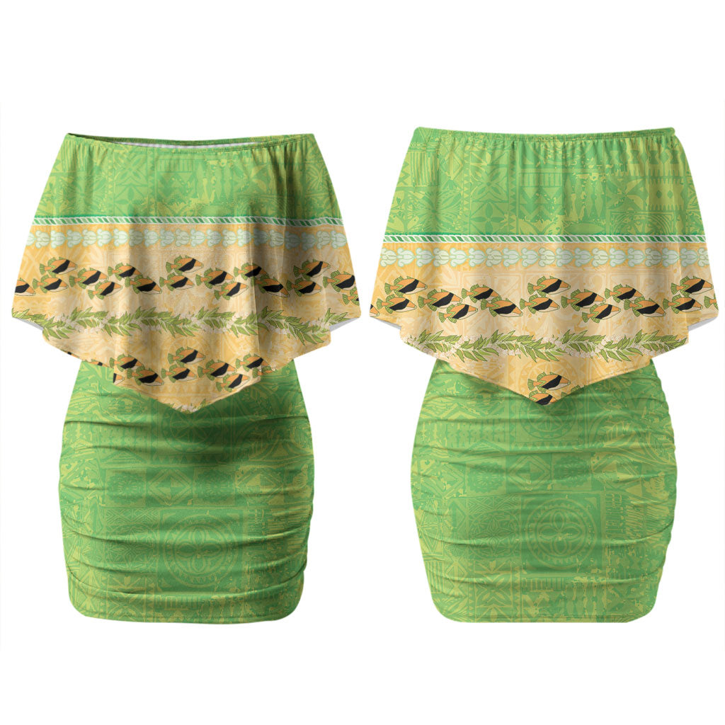 Hawaii Humuhumu Fish Maile Pikake Lei Couples Matching Off Shoulder Short Dress and Hawaiian Shirt Tribal Tapa Green Version