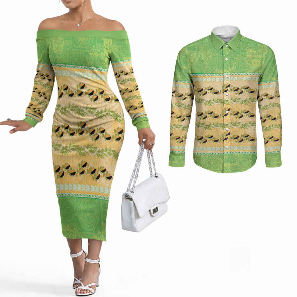 Hawaii Humuhumu Fish Maile Pikake Lei Couples Matching Off The Shoulder Long Sleeve Dress and Long Sleeve Button Shirt Tribal Tapa Green Version