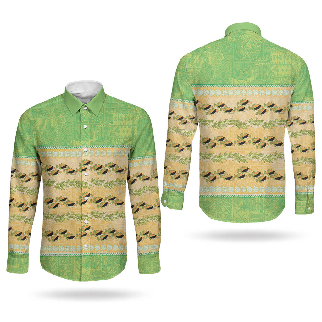 Hawaii Humuhumu Fish Maile Pikake Lei Couples Matching Off The Shoulder Long Sleeve Dress and Long Sleeve Button Shirt Tribal Tapa Green Version