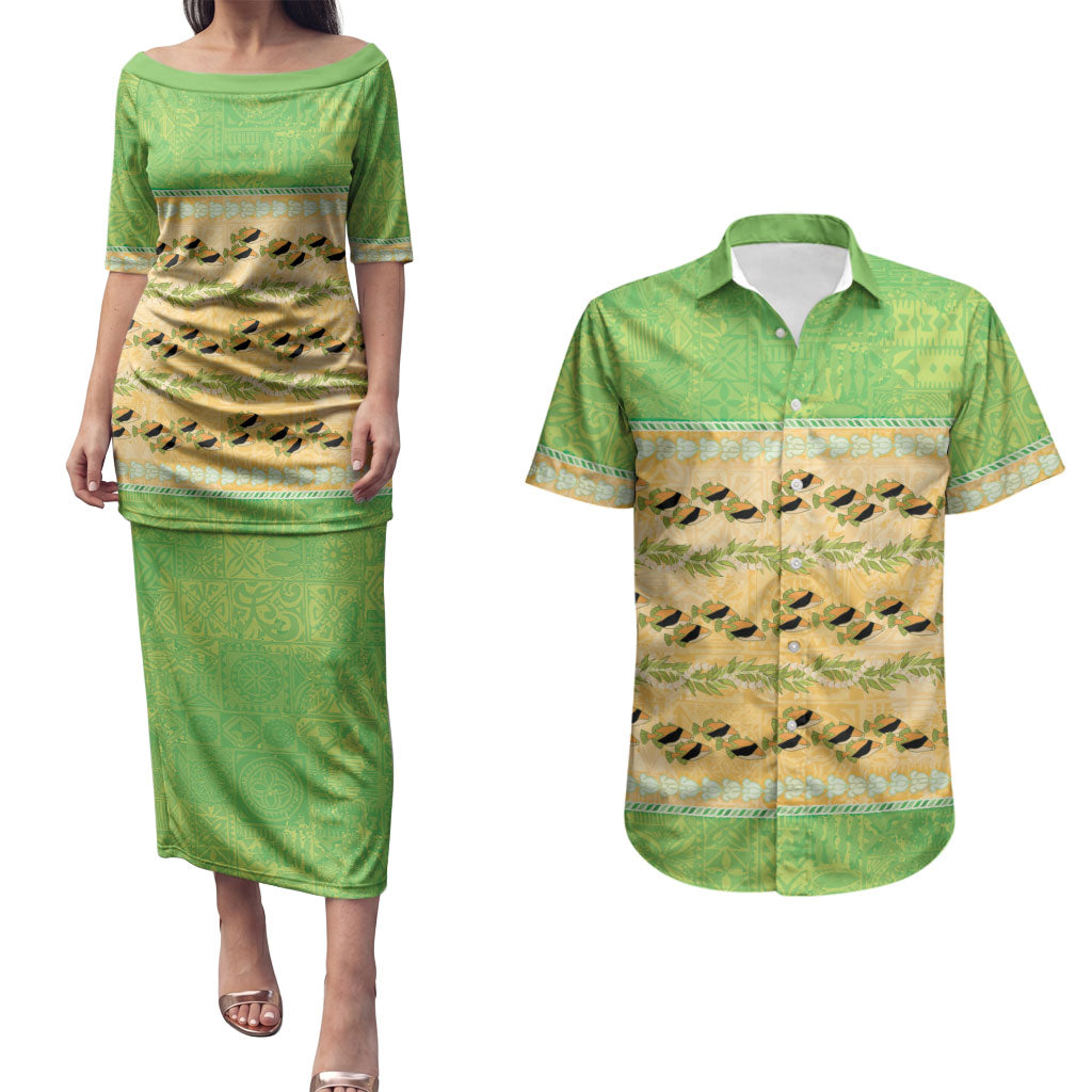 Hawaii Humuhumu Fish Maile Pikake Lei Couples Matching Puletasi and Hawaiian Shirt Tribal Tapa Green Version