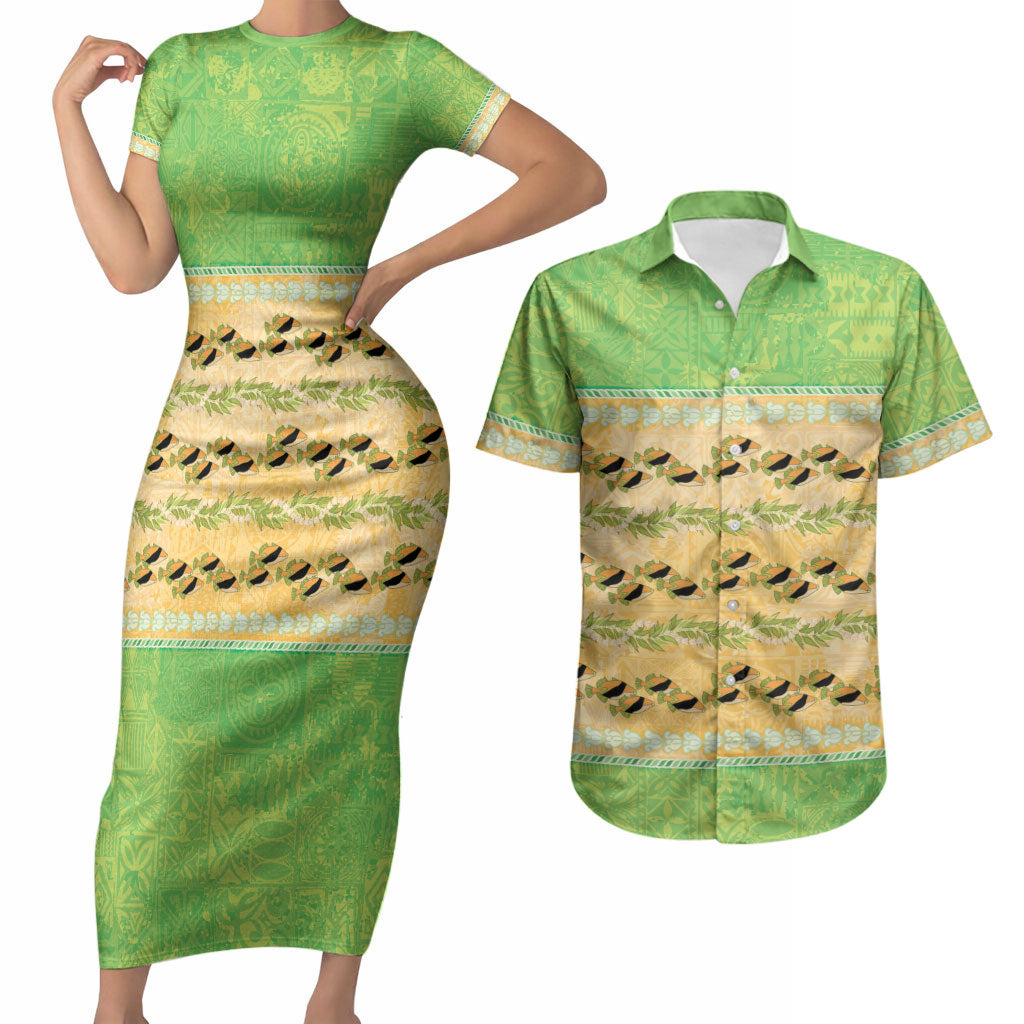 Hawaii Humuhumu Fish Maile Pikake Lei Couples Matching Short Sleeve Bodycon Dress and Hawaiian Shirt Tribal Tapa Green Version