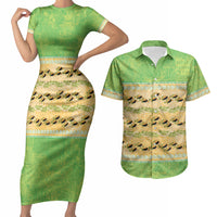 Hawaii Humuhumu Fish Maile Pikake Lei Couples Matching Short Sleeve Bodycon Dress and Hawaiian Shirt Tribal Tapa Green Version