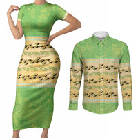Hawaii Humuhumu Fish Maile Pikake Lei Couples Matching Short Sleeve Bodycon Dress and Long Sleeve Button Shirt Tribal Tapa Green Version