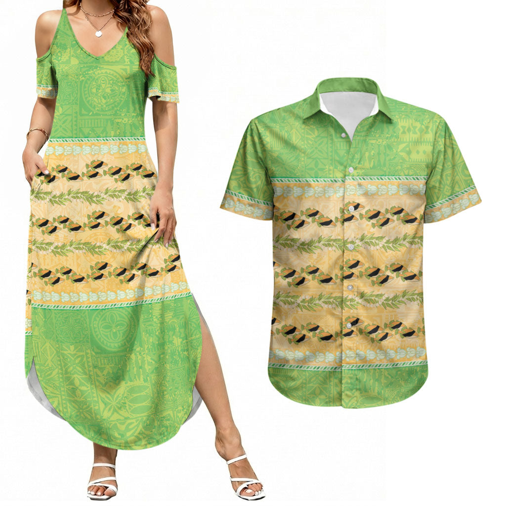 Hawaii Humuhumu Fish Maile Pikake Lei Couples Matching Summer Maxi Dress and Hawaiian Shirt Tribal Tapa Green Version