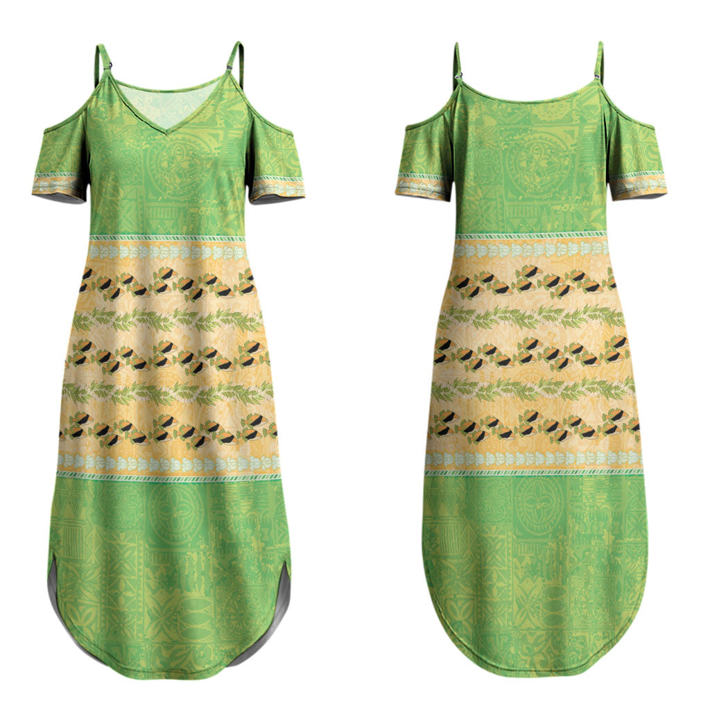 Hawaii Humuhumu Fish Maile Pikake Lei Couples Matching Summer Maxi Dress and Hawaiian Shirt Tribal Tapa Green Version