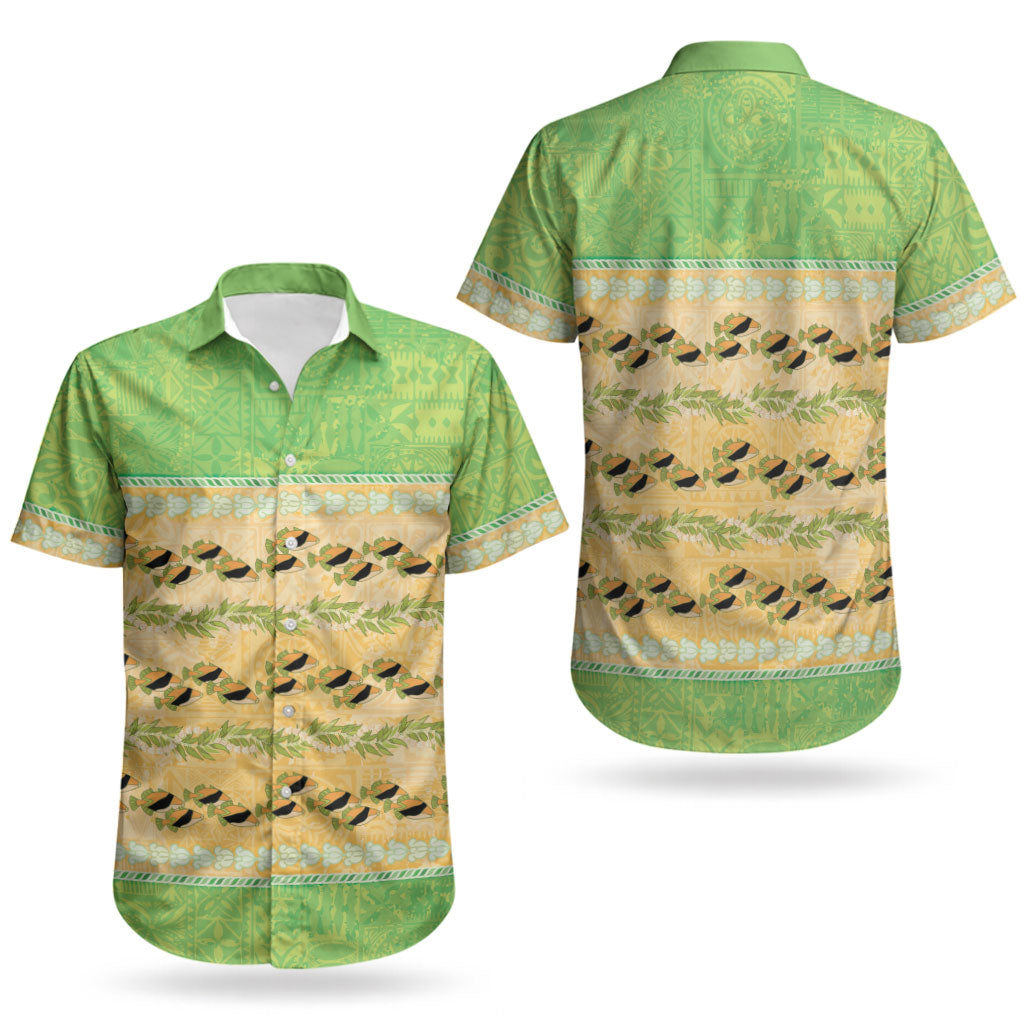 Hawaii Humuhumu Fish Maile Pikake Lei Couples Matching Tank Maxi Dress and Hawaiian Shirt Tribal Tapa Green Version