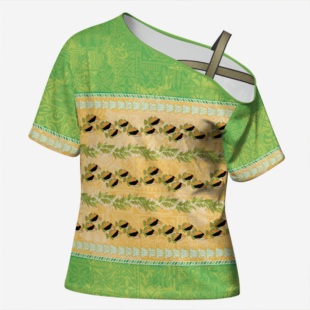 Hawaii Humuhumu Fish Maile Pikake Lei Cross Shoulder Shirt Tribal Tapa Green Version
