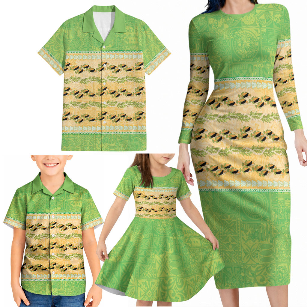 Hawaii Humuhumu Fish Maile Pikake Lei Family Matching Long Sleeve Bodycon Dress and Hawaiian Shirt Tribal Tapa Green Version