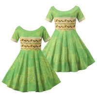 Hawaii Humuhumu Fish Maile Pikake Lei Family Matching Long Sleeve Bodycon Dress and Hawaiian Shirt Tribal Tapa Green Version