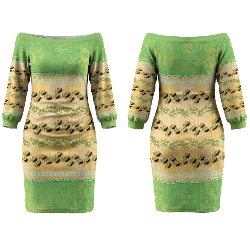 Hawaii Humuhumu Fish Maile Pikake Lei Family Matching Off The Shoulder Long Sleeve Dress and Hawaiian Shirt Tribal Tapa Green Version