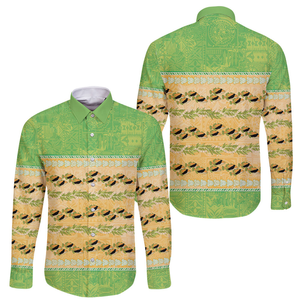 Hawaii Humuhumu Fish Maile Pikake Lei Family Matching Off Shoulder Maxi Dress and Hawaiian Shirt Tribal Tapa Green Version