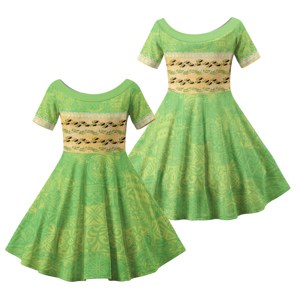 Hawaii Humuhumu Fish Maile Pikake Lei Family Matching Puletasi and Hawaiian Shirt Tribal Tapa Green Version