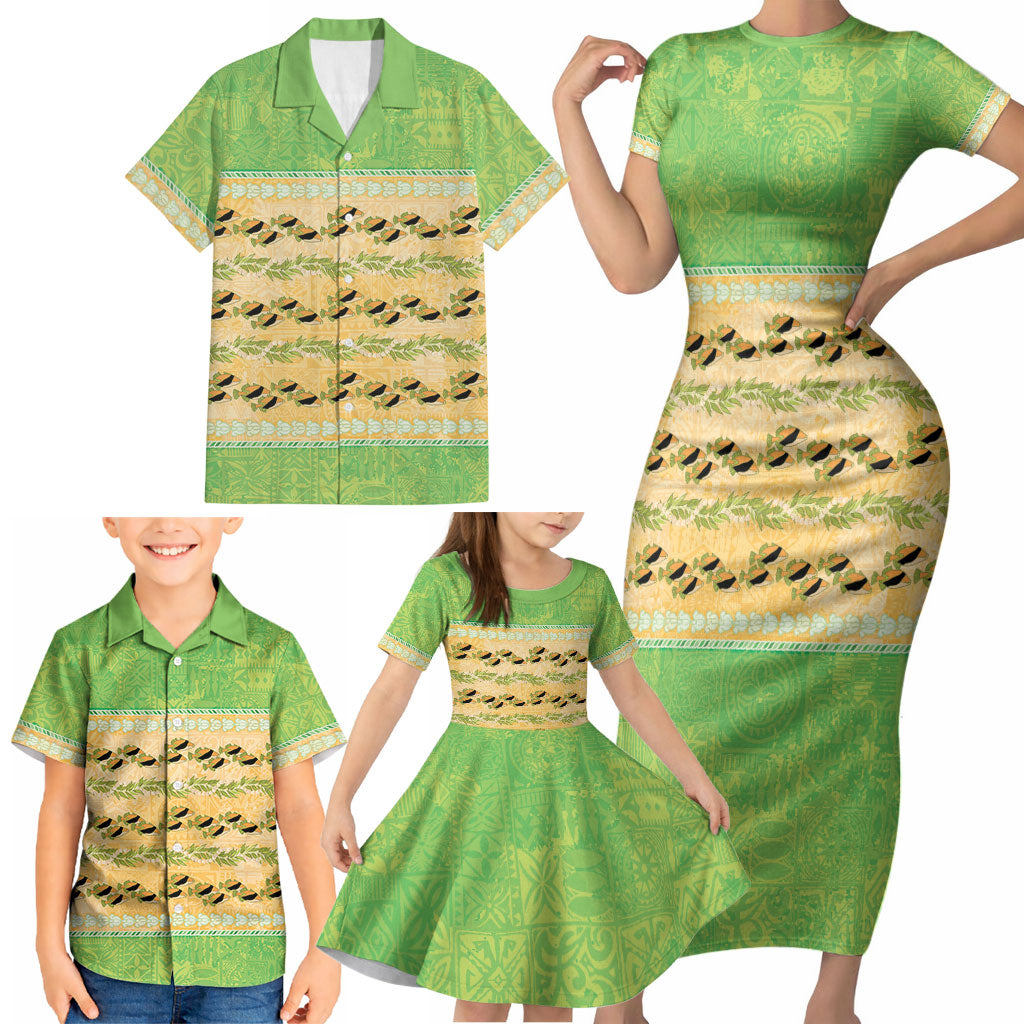 Hawaii Humuhumu Fish Maile Pikake Lei Family Matching Short Sleeve Bodycon Dress and Hawaiian Shirt Tribal Tapa Green Version