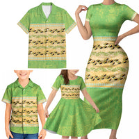 Hawaii Humuhumu Fish Maile Pikake Lei Family Matching Short Sleeve Bodycon Dress and Hawaiian Shirt Tribal Tapa Green Version