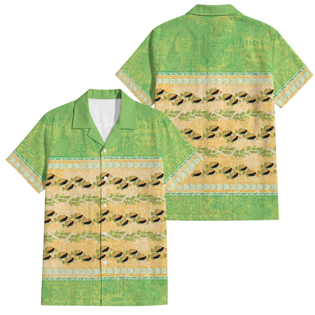 Hawaii Humuhumu Fish Maile Pikake Lei Family Matching Tank Maxi Dress and Hawaiian Shirt Tribal Tapa Green Version